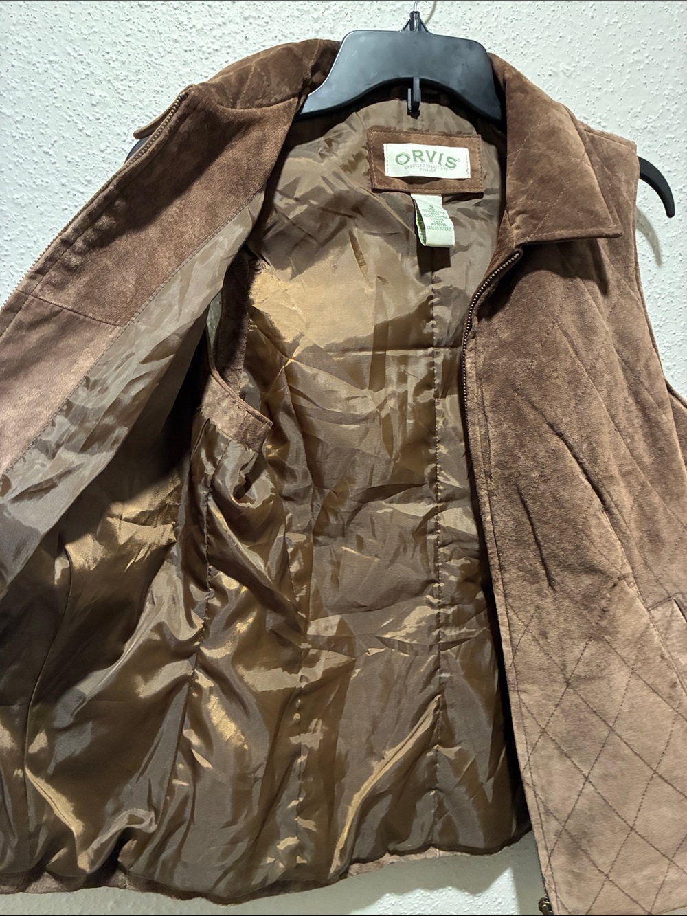 Orvis Brown Quilted Suede Zip-Front Vest - Picture 4 of 4